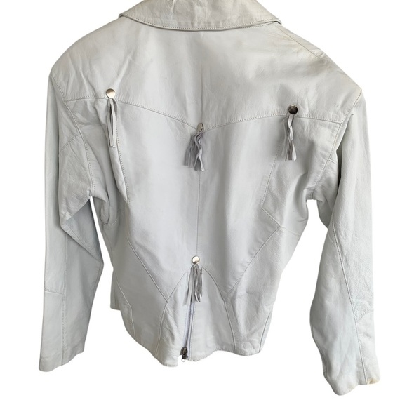 Vintage 80s Chia Moto Embellished Fringe Rocker Coat white Leather Jacket Large - Picture 8 of 9